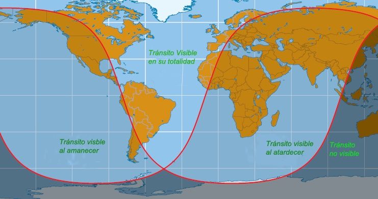 Mapa de visibilidad del transito de Mercurio 2016